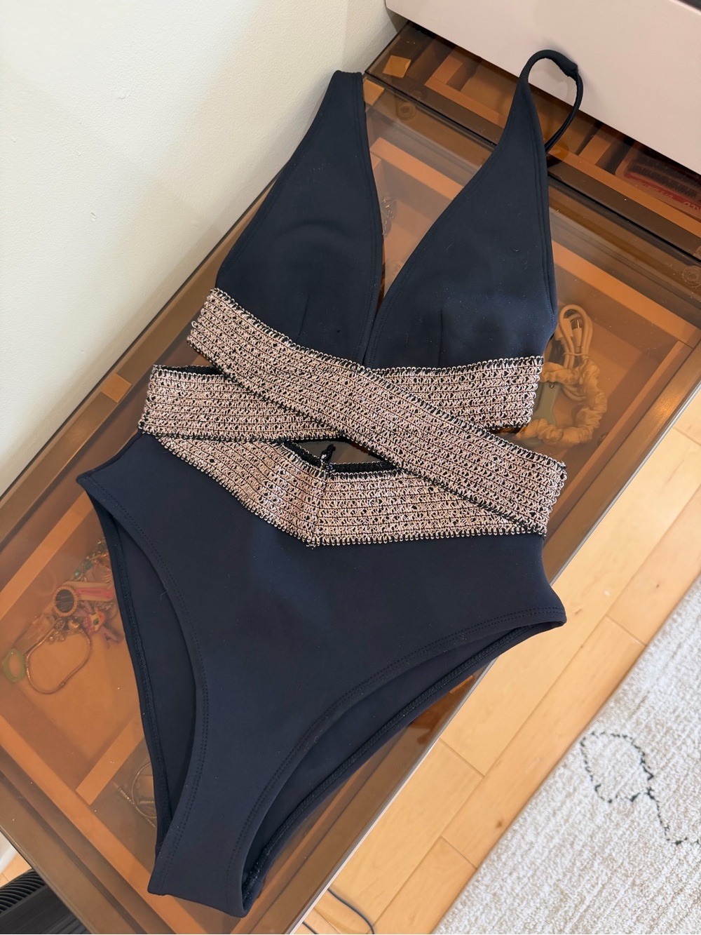 River Island Black One-Piece Swimsuit with Sparkle Band Detail retail $96